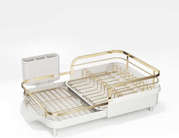 SAYZH Dish Drying Rack - Expandable Dish Rack for Kitchen Counter, Rust-Resistant Dish Drainer with Utensil Holder and Raised Guardrail, Kitchen Organizer for Cup and Bottle (Gold)