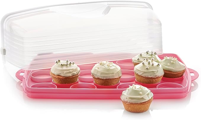 Tupperware, Rectangular Cake and Cupcake Carrier in Pink, Holds 18 Cupcakes