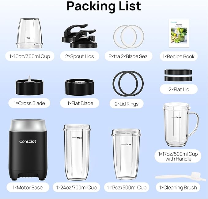 Consciot CB10 16Pcs Personal and Countertop Blender Combo, Coffee and Spice Grinder, Make Shakes and Smoothies, Frozen Drinks, Baby Food, Spreads & More, 4 Portable BPA Free To-Go Cups, 900 Peak Watt