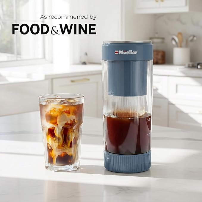 Mueller RapidBrew Cold Brew Iced Coffee Maker β 10 Min Fast Brew Portable Rechargeable Cold Brew Machine for Coffee & Tea β Adjustable Strength 10-99 Min β 20 Servings Per Charge, Mineral Blue
