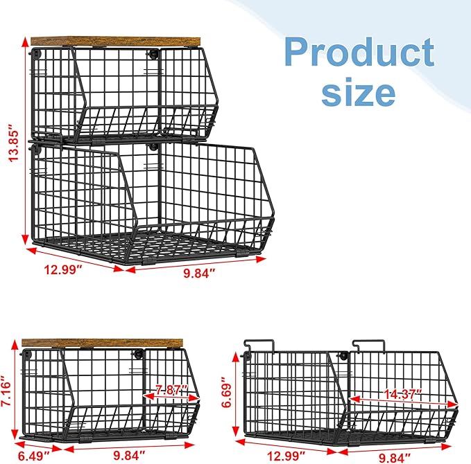 X-cosrack Stackable Wire Baskets for Counter, Fruit and Vegetable Storage, Potato and Onion Storage Bin,Kitchen Pantry Organizer - Wall Basket for Produce/Snack/Can, Large with Wood Top, Black