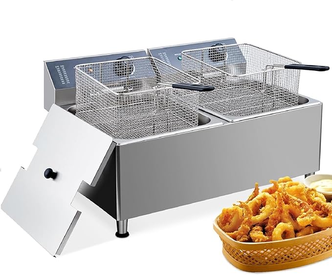 23.2 QT/22 L Commercial-Grade 3400W Deep Fryer,2 Extra-Thick Baskets with 304 Stainless Steel, Electric Fryer Splash Guard Lid & Adjustable Thermostat for Restaurant, Catering, Home Kitchen