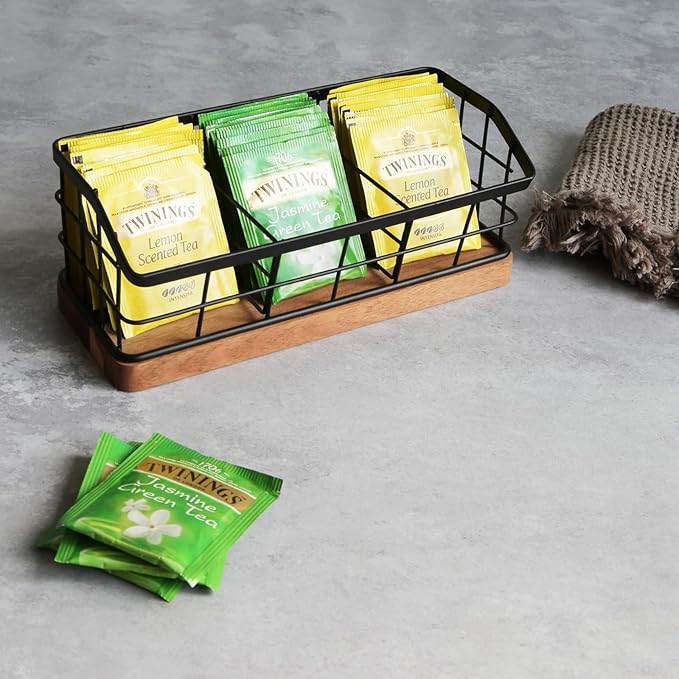 WILDMOS Tea Bag Organizer,Iron Wire Basket with Wooden Base.Tea Storage Containers with 3 Slots,Sugar Packet,Tea Bar Accessories for Countertop Cabinet Drawer.