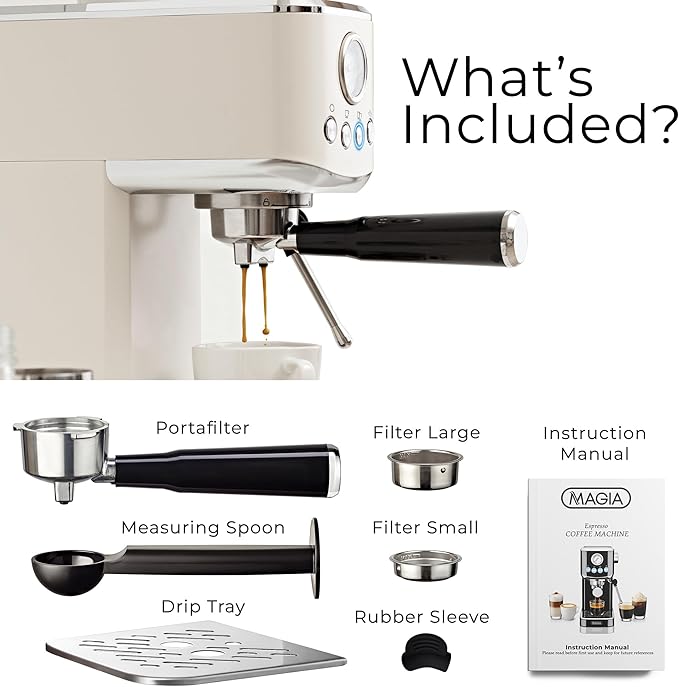 Zulay Kitchen Magia Compact Espresso Machine โ 20 Bar Coffee Maker with Milk Frother Steam Wand, Latte & Cappuccino Maker, 1350W Fast Heating, 40oz Removable Water Tank, Stainless Steel โ Cream