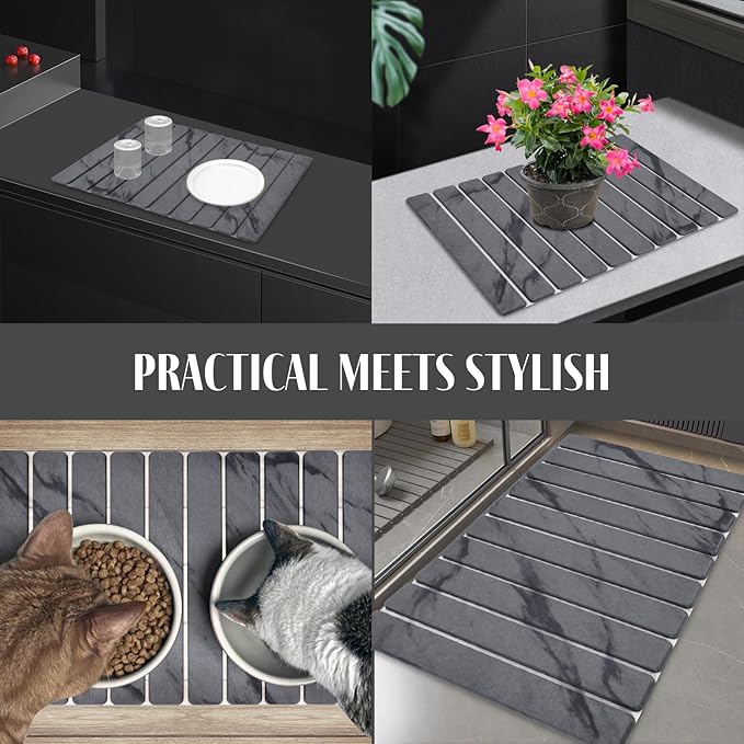 Large Stone Dish Drying Mats for Kitchen Counter, 24"(L)×16"(W) Marble-Pattern, Fast Drying Collapsible, Eco-Friendly Absorbent Diatomaceous Earth Mats, Match Any Countertop - Dark Grey