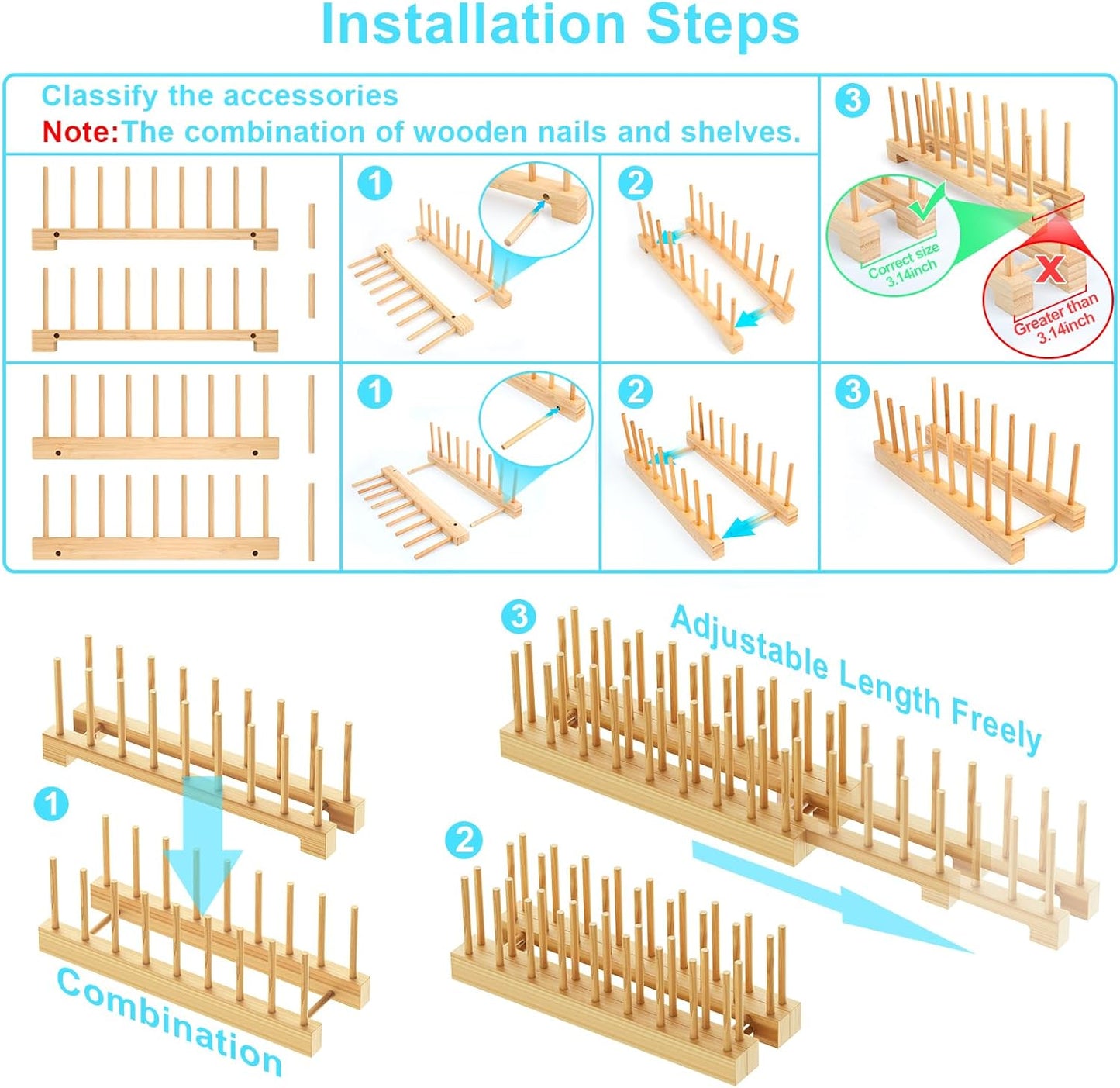 Bamboo Dish Rack - Expandable Plate Rack & Dish Drying Rack for Kitchen Cabinet Storage, Adjustable Multi-Functional Design Organizer for Plates, Cups, Pots, Cutting Boards (Natural Bamboo) 2 PACK