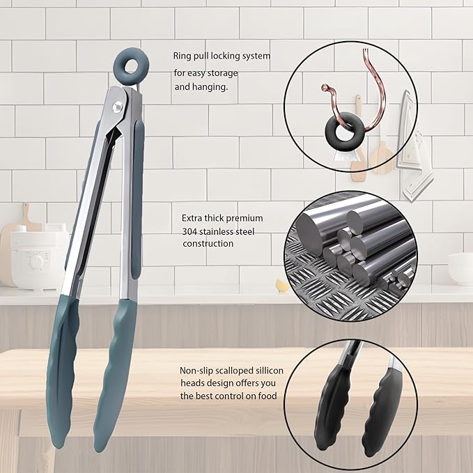 Kitchen Tongs with Silicone Tips,Tongs for Cooking Heat Resistant 600 Degrees Stainless Steel Locking Tongs,Dark green Set of 3-7", 9" and 12"