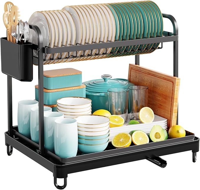 Sakugi 2-Tier Dish Drying Rack - Stainless Steel Dish Rack with Cutlery & Utensil Holders for Kitchen Counter, Sink Organization and Storage for Small Family, 16.7" W x 12.7" L x 15.8" H, Black