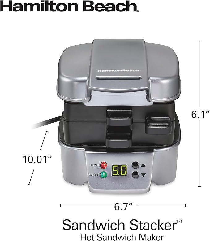 Hamilton Beach Sandwich Stacker Customizable Hot Sandwich Maker, 24 Sq. In. Non-Stick PFAS-Free Cooking Surfaces, Built-In Timer, Compact, Dishwasher-Safe, Perfect White Elephant Gifts, Silver (25471)