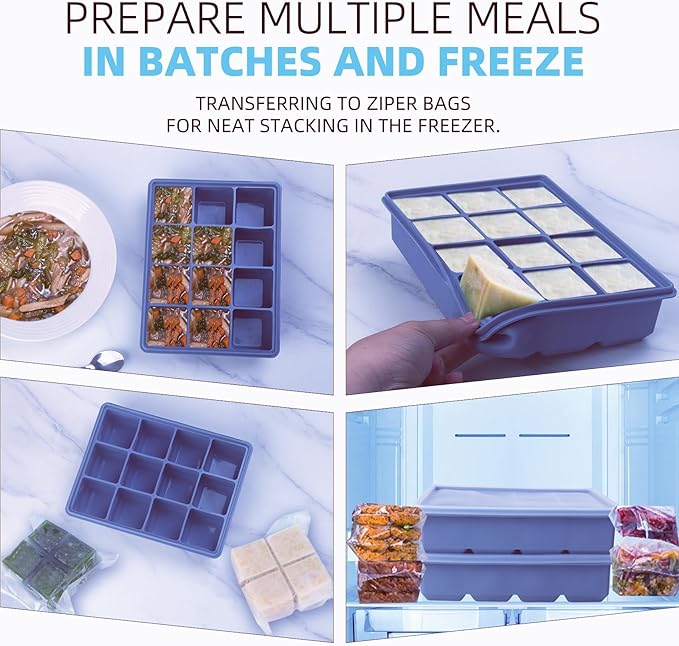 1/2 Cup Silicone Freezer Tray With Lid - Silicone Freezer Molds 2-Pack For meal prep & freezing of various sauces and other dishes, makes 24 perfect 1/2 cup portions cubes (Blue 2 Pack)