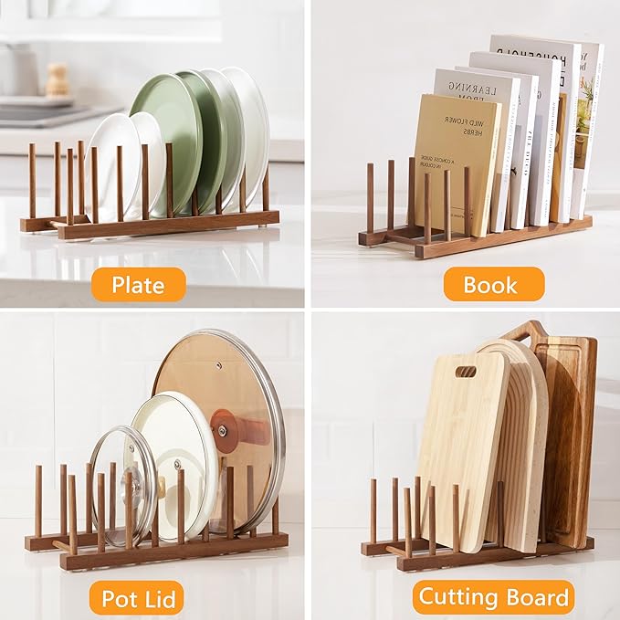 HBlife Acacia Wooden Dish Dying Rack Pot Lid Plate Organizer Holder for Cabinet, Cutting Board Stand Drainer Storage Plate Rack for Dish, Pot Lid, Bowl, Cup, Cutting Board and Books