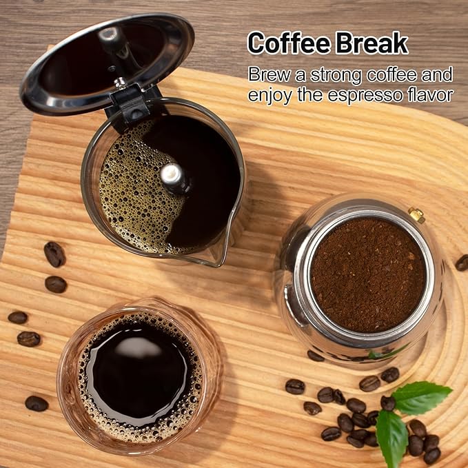 6 Cup Glass Clear Moka Pot Thickened 304 Stainless Steel Stovetop Espresso Maker Italian Coffee Machine 300ml 10.6oz Classic Mocha Cafe Greca Coffee Suitable for Gas Induction