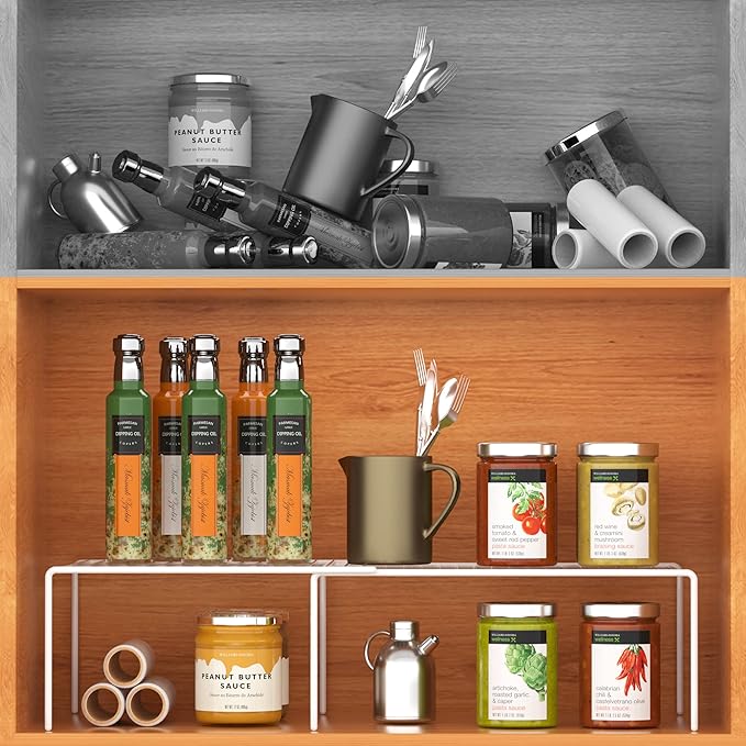 iPEGTOP Freezer Cabinet Storage Shelf Set of 4, 8 Pieces Expandable Metal Rustproof Spice Rack, Adjustable Kitchen Organizer Counter Fridge Pantry Shelf Space Saver (White)