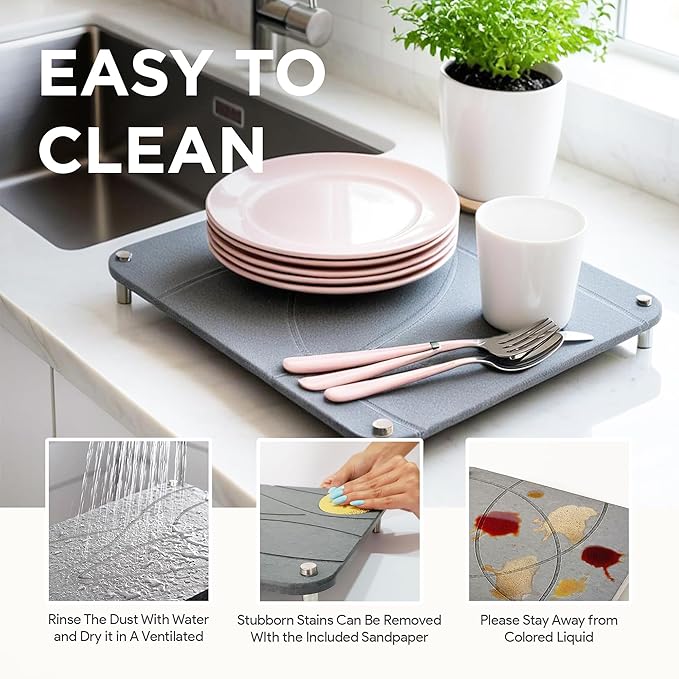 Large Stone Drying Mat for Kitchen Counter | 15.8ā x 11.8ā Dish Drying Mat Large | Diatomaceous Earth Collapsible Stone Dish Drying Mat | Collapsible Stone Mat for Kitchen Counter (Dark Gray)