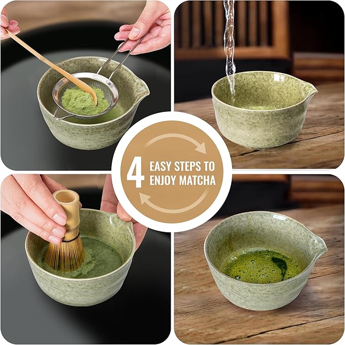 Matcha Whisk Set, Matcha Making Kit Whisk (Chasen Holder), Ceramic Whisk Holder (Black), Bamboo Scoop, Powder Starter Sifter, Spoon Japanese Tea Tools For Ceremony Gift