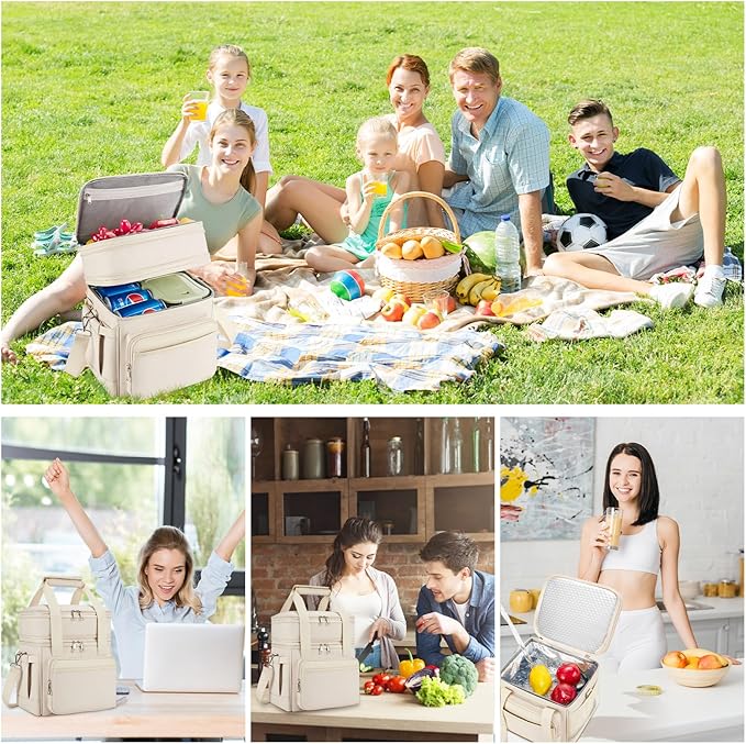holuxer Insulated Lunch Bag & Lunch Box for Women - Double Deck Reusable Lunch Bag for men Tote Cooler Bag Leakproof Soft Expandable - Large Lunchbox for Work/Adult/Picnic/Outdoor (Cream,15L)