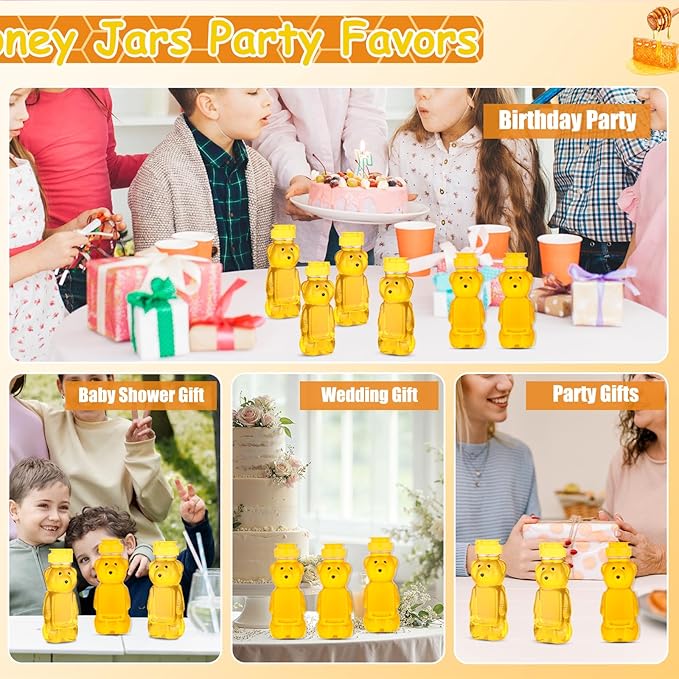 8oz Plastic Honey Bear Bottle Mini Honey Jars Party Favors Small Honey Bear Bottles with Lids Bear Shape Clear Empty Honey Jar with Screw Yellow Lid 50 Tags 2 Rolls Jute Rope (36-set)