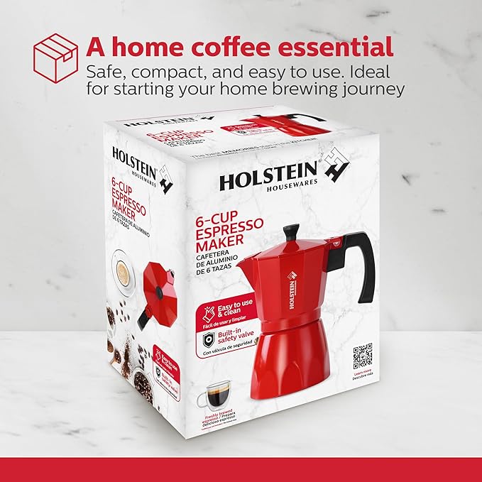 Holstein Housewares - 6 Cup Aluminum Stovetop Espresso Maker and Moka Pot - Great Tasting Traditional Espresso Coffee, Italian and Cuban Café Brewing in Minutes, Red