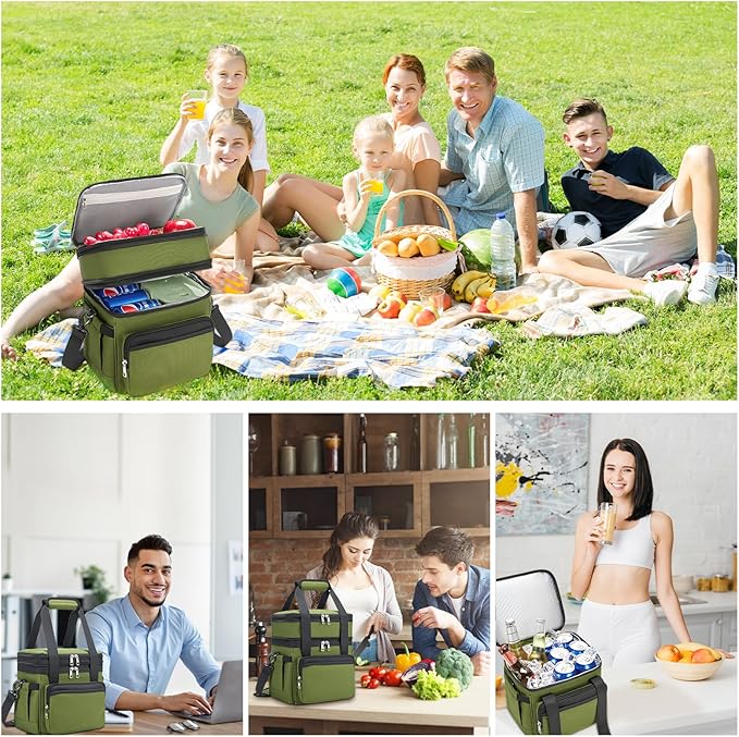 holuxer Insulated Lunch Bag & Lunch Box for Men - Double Deck Reusable Lunch Bag for Women Tote Cooler Bag Leakproof Soft Expandable - Large Lunchbox for Work/Adult/Picnic/Outdoor (Green,15L)