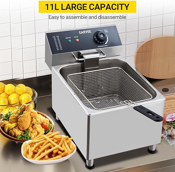 GarveeHome Commercial 11 L/3.3 gal Deep Fryer 1700W,201 Stainless Steel Electric Fryer with Adjustable Thermostat, Extra-Thick 6 LB Basket & Splash Guard Lid for Restaurant, Food Truck, Home Kitchen