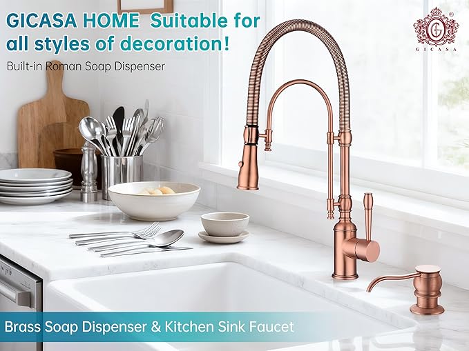 Brass Kitchen Soap Dispenser, Red Copper in Sink Liquid Dish Soap Dispenser with High Capacity 500ML (17oz) ABS Bottle, Under Sink Hand Metal Dispenser Pump