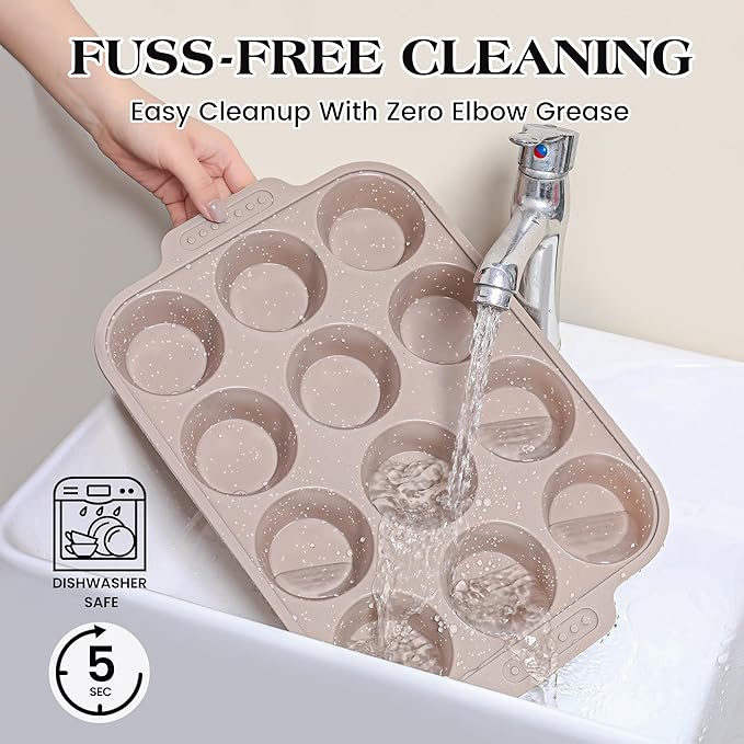 1 Pc Silicone Muffin Pans for Baking with Metal Reinforced Frame, Nonstick Cupcake Tray for Oven, 12 Cups Regular Size Silicone Molds for Egg Bites, Dishwasher Safe (Brown)