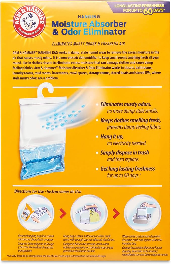 Arm & Hammer Moisture Absorber & Odor Eliminator – Fragrance Free Hanging Moisture Absorber Bag for Fresher Air, Humidity Absorber Bags for Closets & Laundry Room, 2 Pack – Packed by ILIOS
