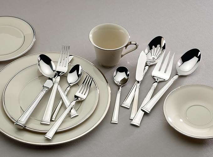 Lenox Silverware Set, Esquire 65-Piece Flatware Set, Service For 12, 18/10 Stainless Steel, Dishwasher Safe, Knives Spoons And Forks Sets, Home And Kitchen Serving Utensils (Silver, 65 Piece)
