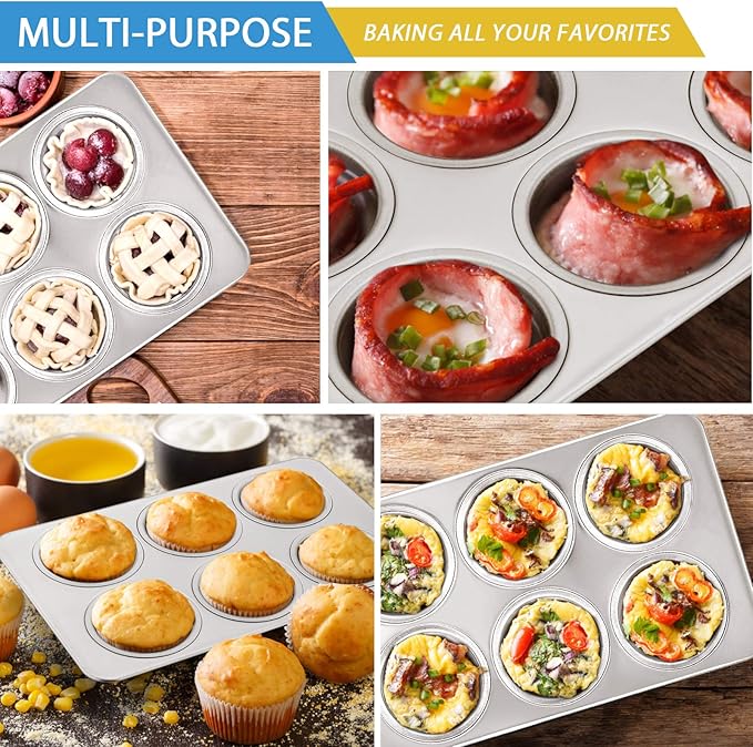 E-far Stainless Steel Muffin Pan, 6-Cup Cupcake Pan Tin for Baking, Metal Muffin Pan Tray Mold, Non-toxic & Healthy, Oven & Dishwasher Safe, Regular Size - 11.44 x 7.12 x 1.25 Inch