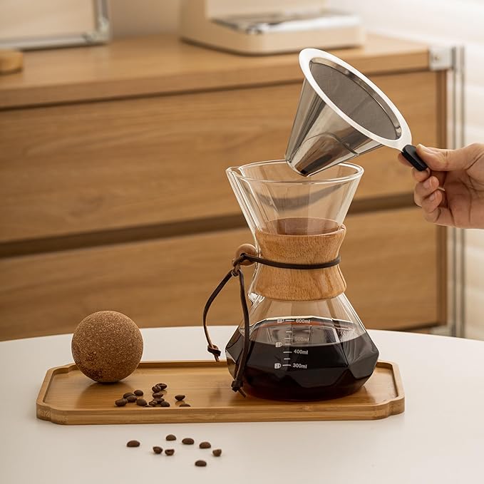 Pour Over Coffee Maker With Wood Sleeve,20oz/600mlPour Over Coffee Dripper,Pour Over Coffee Maker Set With Cork Stopper (20oz/600ml)