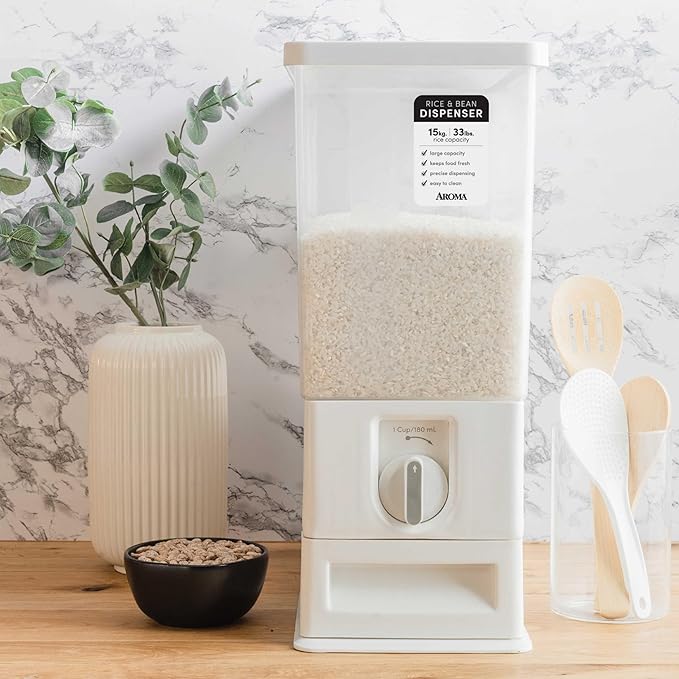 AROMA® XL 33-Pound Rice Dispenser and Countertop Beans or Grain Storage Bin with Automatic Measuring Funnel (ARD-133)