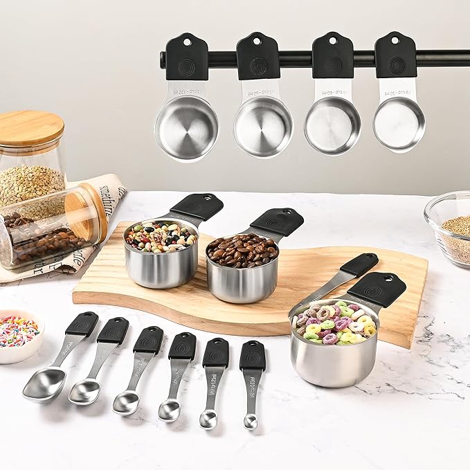 Magnetic Measuring Cups and Spoons Set 14, Stainless Steel Measuring Cups and Spoons Set, Heavy Duty Metric Measuring cups & Spoons with Leveler for Baking & Cooking, Black