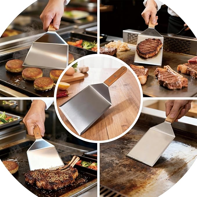 Smash Burger Spatula, Premium Large Meta Spatula - 6x5 inch Extra Wide Spatulas for Griddles & Grills, Steel Heavy Duty, Wooden Handle (2pcs)