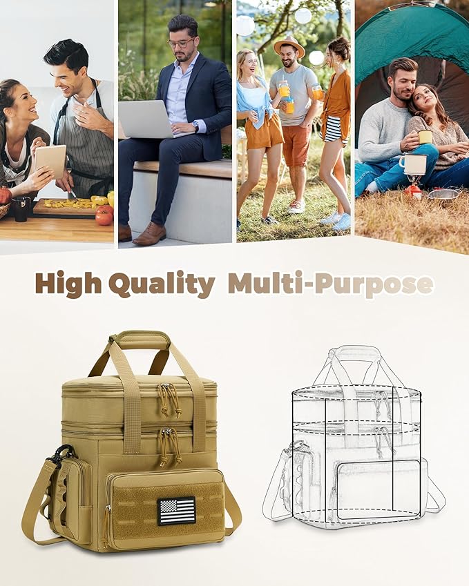 Tactical Lunch Bag & Lunch Box for Men - Large Double Deck Expandable Insulated Soft Adult Lunchbox for Work - Cooler Bag for Beach, Picnic, Camping,Outdoor,Travel (Brown,23L)