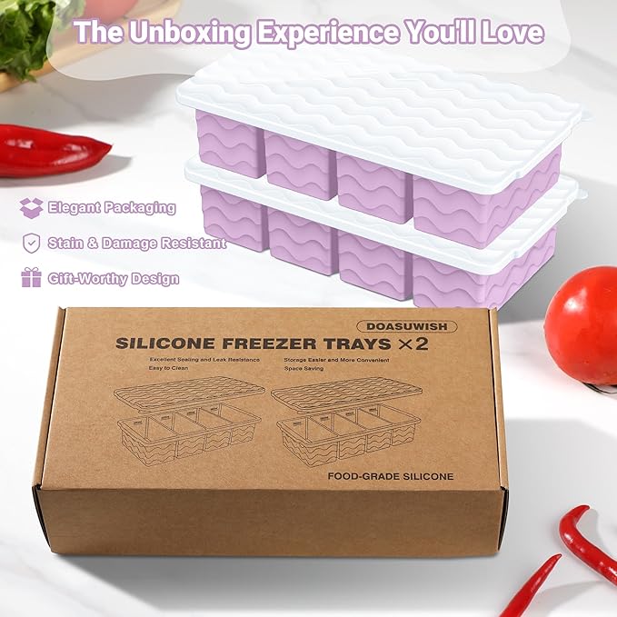 Doasuwish Silicone Freezer Tray for Soup with Lid – 1-Cup Soup Container Cube Style Ice Cube Trays for Freezer, Meal Prep & Food Storage, Freeze 250mL/125mL Portions – 2 Pack