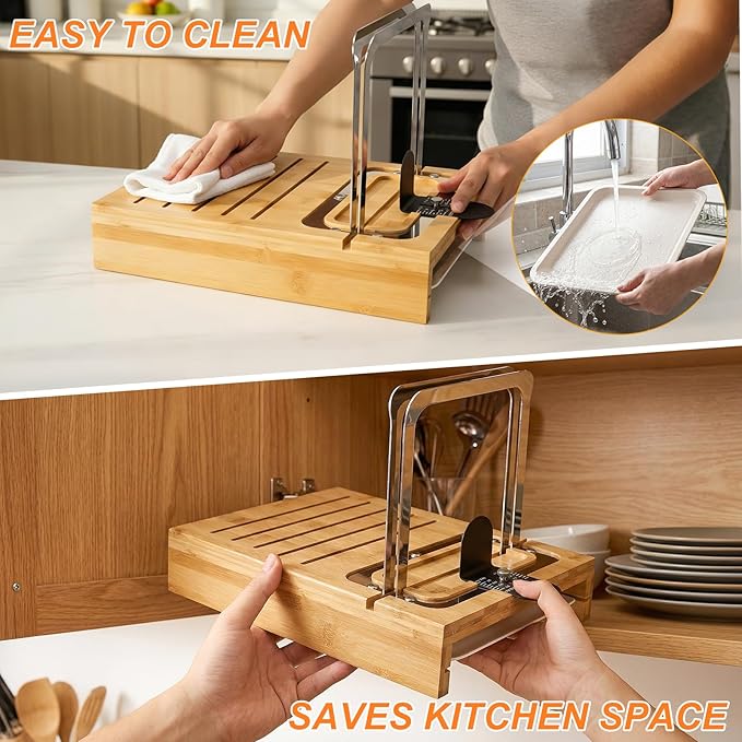 Bamboo Sourdough Bread Slicer for Homemade Breads with Bread Knife,Adjustable Slice Thickness and Bread Width, Stainless Steel Cutting Guides with Crumb Tray for Round Sourdough & Homemade Breads