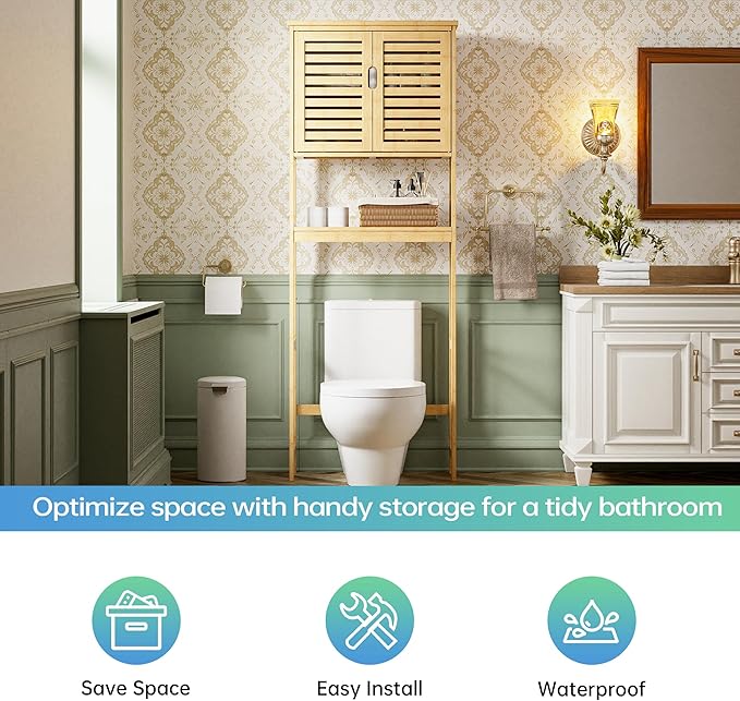SMIBUY Bathroom Over The Toilet Storage Cabinet, 2 Door Bamboo Cabinet Organizer, Freestanding Space Saver Toilet Rack with Adjustable Inside Shelf and Open Shelf (Natural)