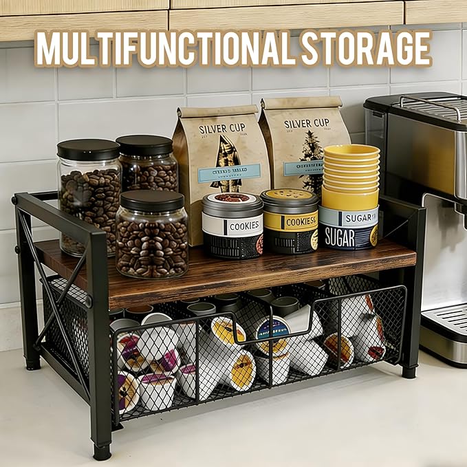 Tea Bag Organizer With Adjustable Drawer, Teabag Bar Holder Organizer For Counter, Wood & Metal Station Storage Chest Display, Coffee Packet Containers Box For Countertop Kitchen Office Rustic Brown