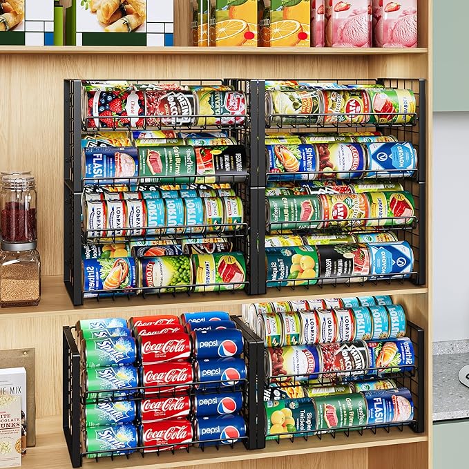 JKsmart 2-Tier Stackable Can Rack Organizer for Pantry, Adjustable Can Dispenser Holds Up to 60 Cans, Can Storage Holder for Various Ounces of Canned Food Soda Drinks, Black, 2 Pack