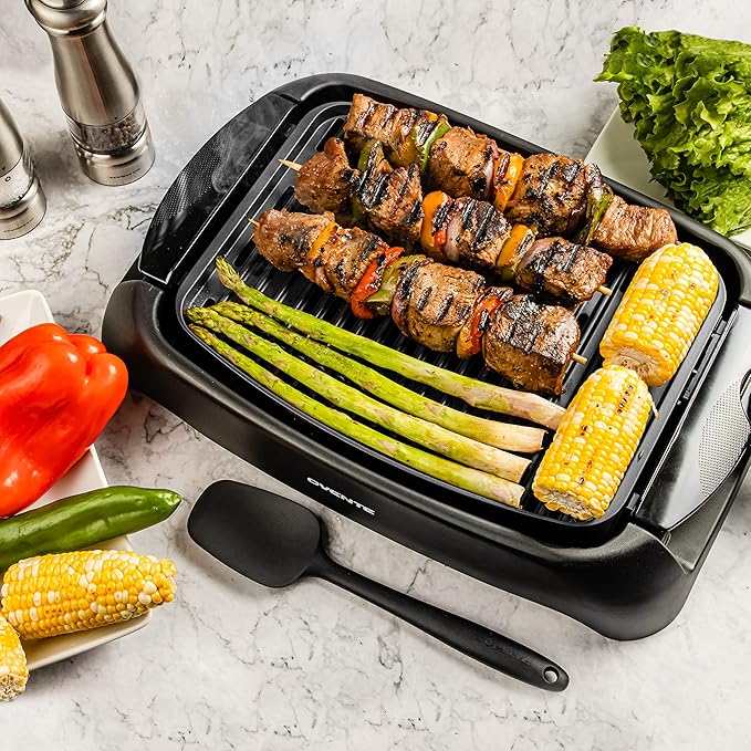 OVENTE Electric Indoor Grill with 13x10 Inch Non-Stick Cooking Surface, 1000W Fast Heat Up Power, Adjustable Temperature, Removable and Dishwasher Safe Grilling Plate and Drip Tray, Black GD1632NLB