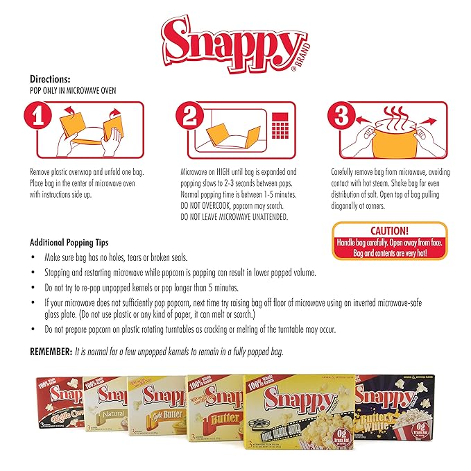 Snappy Movie Theater Butter Microwave Popcorn, 3.5 oz Large Bags, 48 Pack, Non-GMO, Whole Grain