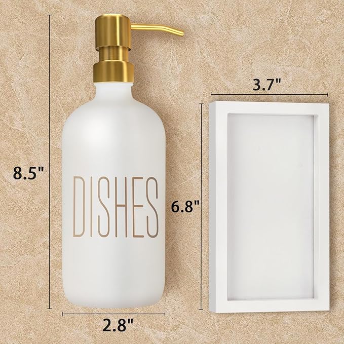 Soap Dispenser Set, Contains Hand Soap Dispenser and Dish Soap Dispenser for Kitchen, Glass Soap Dispenser with Stainless Steel Pump,for Luxury Gold Kitchen Counter Decor,(White)