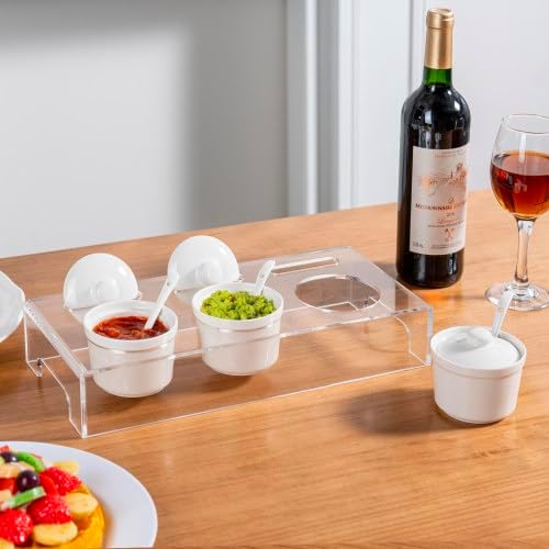 MyGift 10 Pcs Condiment Pot Serving Dishes Set, Clear Acrylic Server Tray and 3 Ceramic Ramekin Bowls with Lids and Spoons for Sauces, Dips, Hosting Essentials for Party