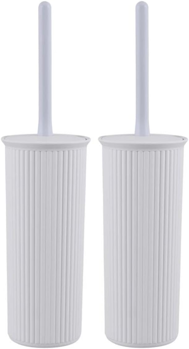 Decorative Plastic Toilet Bowl Brush and Holder Set, White Smoke (2 Pack) Cleaner Scrubber for Bathroom - Ribbed Design