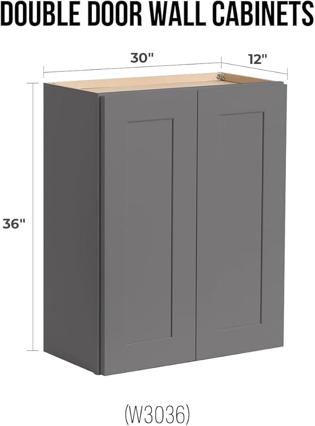 Wall-Mounted Cabinet – Solid Wood Shaker Style Medicine Cabinet with Adjustable Shelves & Soft-Close Doors for Bathroom, Kitchen, and Office Storage (Pebble Gray, 36" W x 12" D x 30" H)