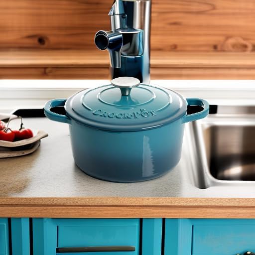 Crock-Pot Artisan 3-Quart Round Enameled Cast Iron Dutch Oven – Gradient Teal, Durable Heavy-Duty Cookware for Slow Cooking, Roasting, Baking with Lid