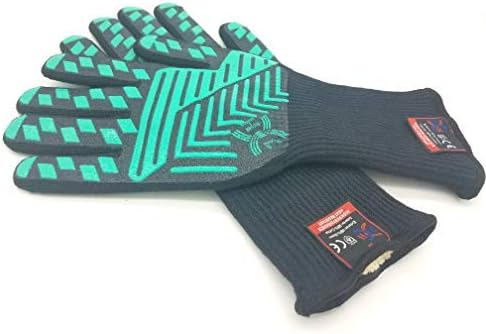J H Heat Resistant Oven Glove:EN407 Certified 932 °F, 2 Layers Silicone Coating, Oven Mitts for Cooking, Kitchen, Fireplace,Camping, Grilling (Black/Green, Extra Long Cuff)