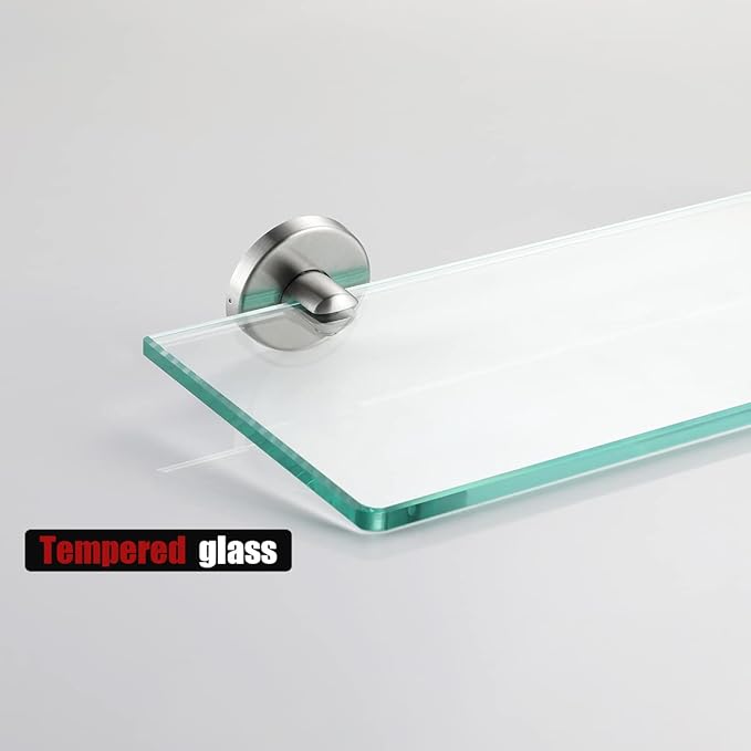 JQK Bathroom Glass Shelf, Tempered Glass Shower Storage 30 by 5 inches, 304 Stainless Steel Brushed Finish Wall Mount, TGS101L30-BN