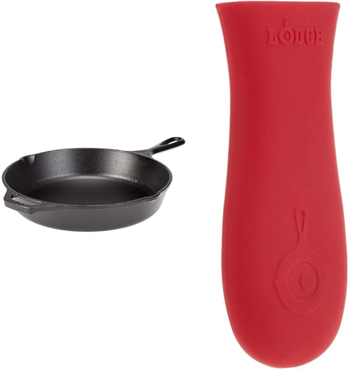 Lodge 13-1/4-Inch Pre-Seasoned Cast Iron Skillet & Silicone Hot Handle Holder - Red Heat-Protecting Silicone Handle