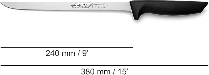 Arcos Slicing Knife/Ham Knife 9 Inch Nitrum Stainless Steel. Ergonomic Polyoxymethylene POM Black Handle. Useful utensil especially for slicing ham. Series Niza